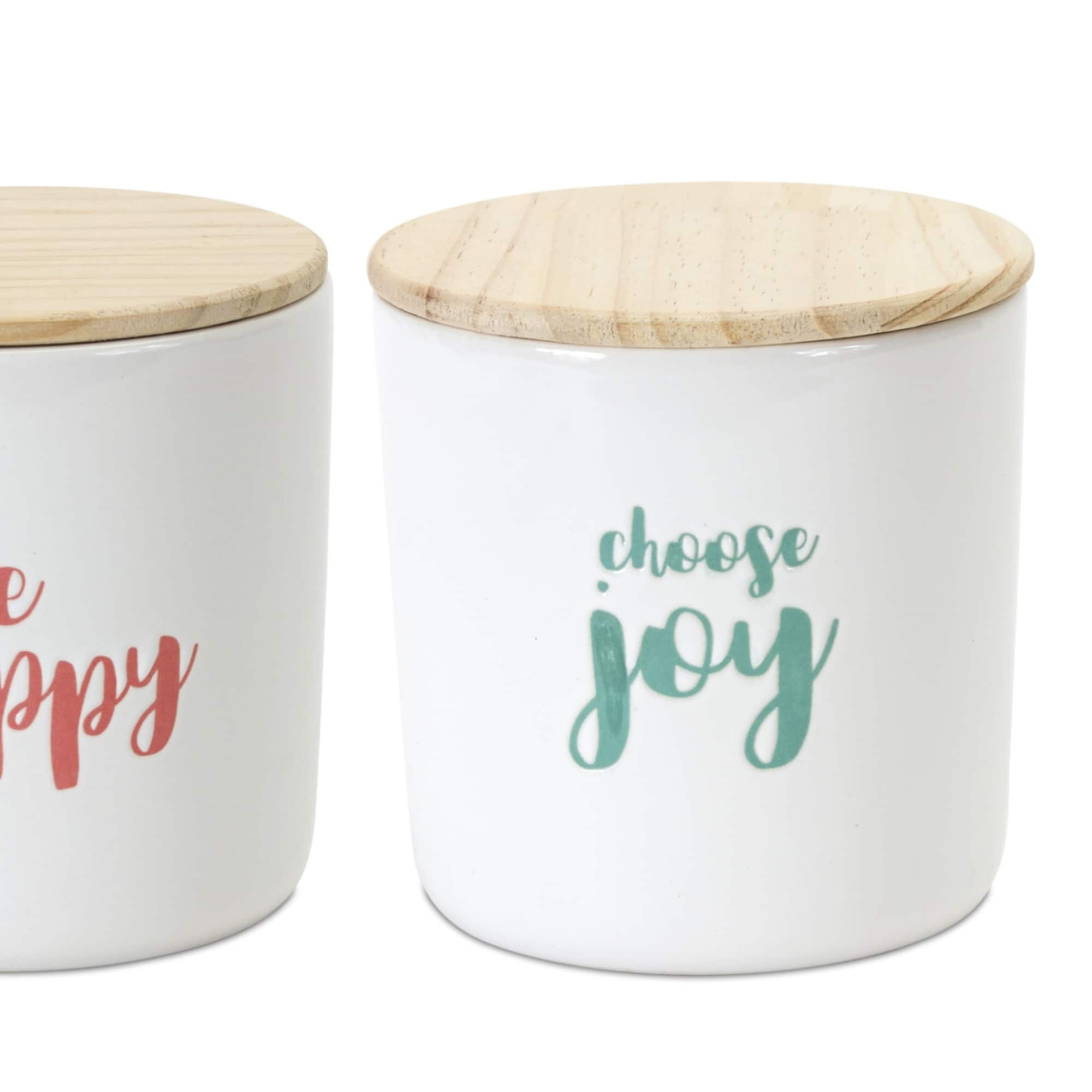 Happy Sentiment Stoneware Canisters with Wood Lids Set